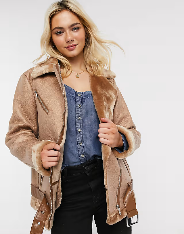 Pieces aviator jacket in tan | ASOS (Global)