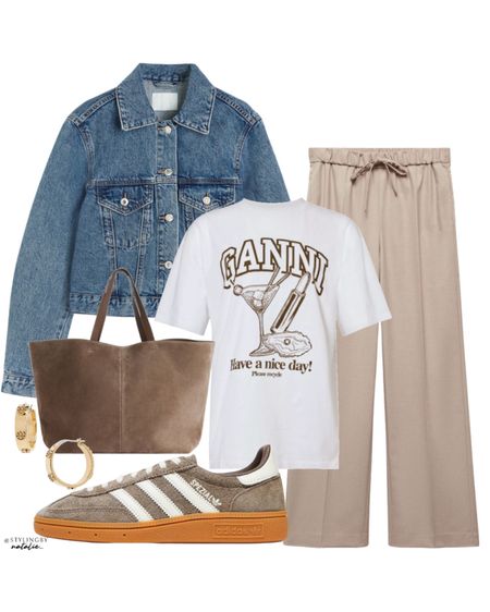 Comfy, everyday spring outfit🤎
With denim jacket, wide leg trousers with elasticated waist, adidas Spezial trainers, Ganni graphic tee, suede shopper bag & gold hoop earrings.

#LTKSeasonal #LTKeurope #LTKstyletip