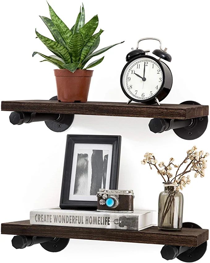 Mkono Floating Shelves Wall Mounted Industrial Shelves Rustic Wood Wall Shelf with Pipe Brackets ... | Amazon (US)