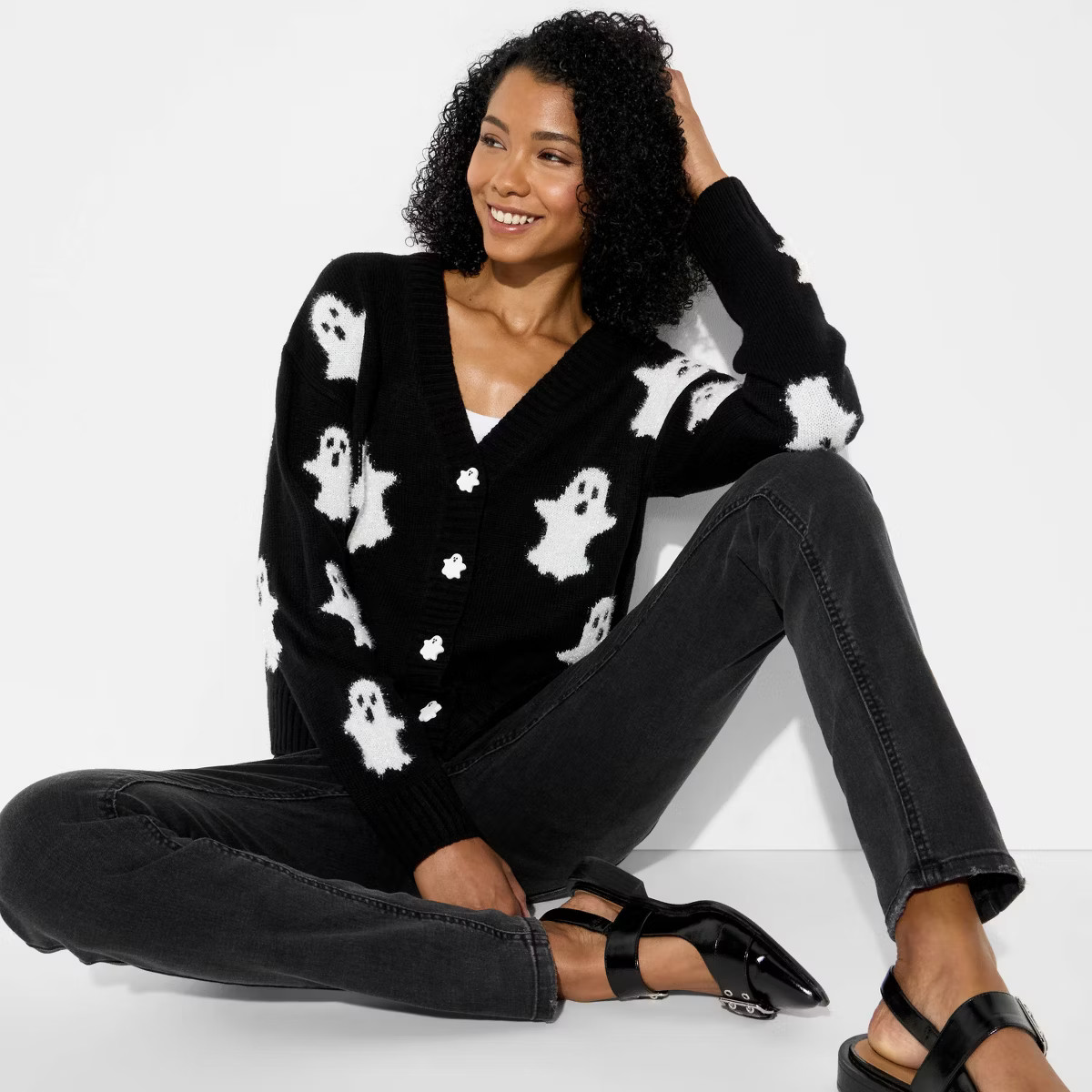 Women's Ghost Graphic Cardigan - Black | Target