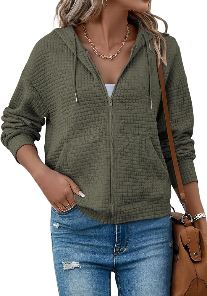 SHEWIN Womens Zip Up Hoodies Oversized Sweatshirt Fall Fashion Outfits 2026 Casual Waffle Hooded ... | Amazon (US)