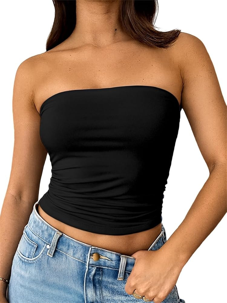 ForeFair Women Strapless Tube Tops Double Lined Ruched Backless Bandeau Going Out Top Basic Tank ... | Amazon (US)