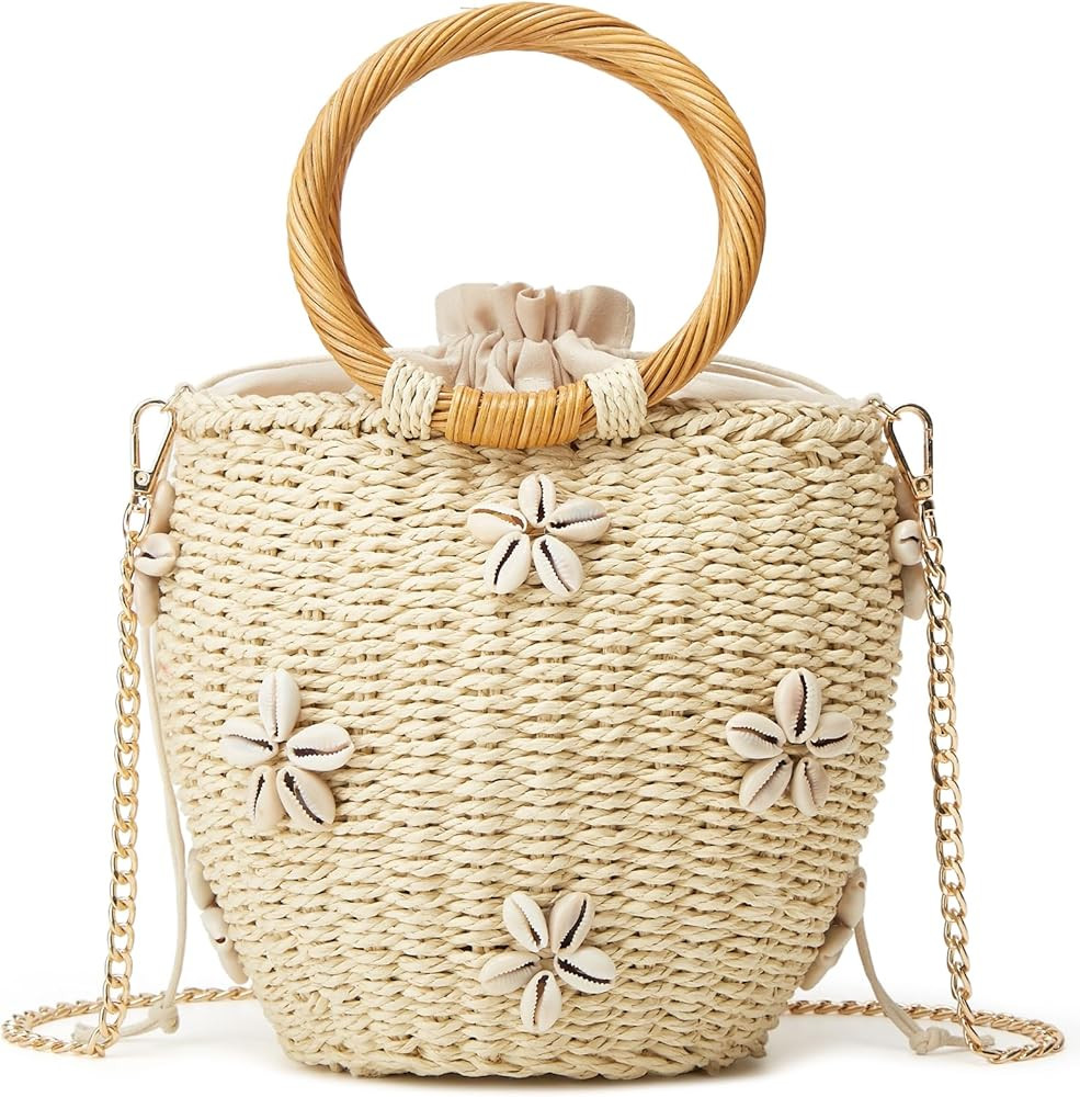 Summer Straw Bag for Women Pearl Flower Bucket Tote Bag Diamond Handbag Hand Woven Rattan Shell P... | Amazon (US)