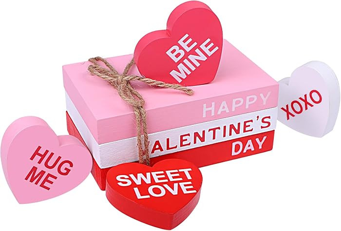 7 Pcs Valentine's Day Faux Stacked Books Tiered Tray Decor Pink Conversation Heart Wooden Signs M... | Amazon (CA)