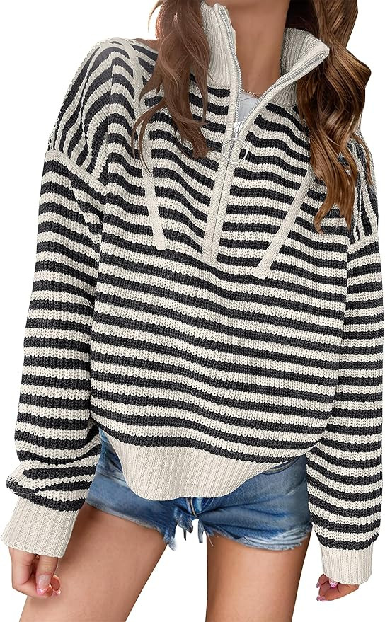 ANRABESS Womens Striped Sweaters Long Sleeve Casual Half Zip Knit Pullover Tops 2024 Fall Comfy L... | Amazon (US)