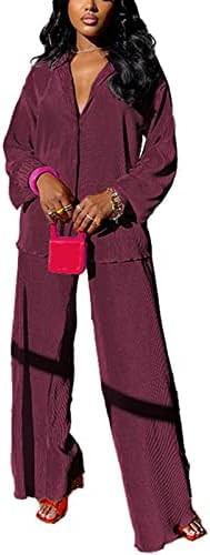 kaimimei Casual 2 Piece Outfit for Women - Linen Long Sleeve Button Down Shirt + Flare Pleated Wi... | Amazon (US)