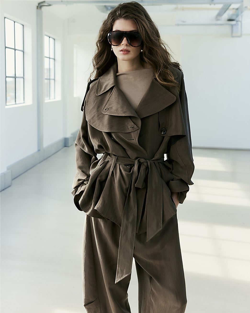Brown RI Studio Short Drapey Trench Coat | River Island UK & IE