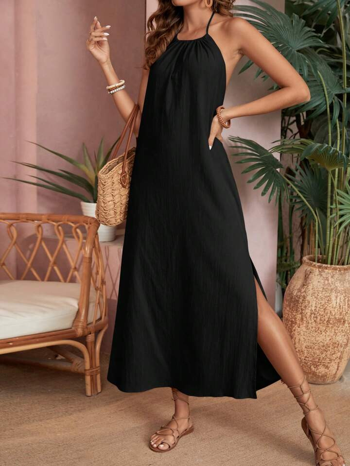 SHEIN VCAY Solid Color Halter Neck Open Back Split Simple Summer Vacation Dress | SHEIN