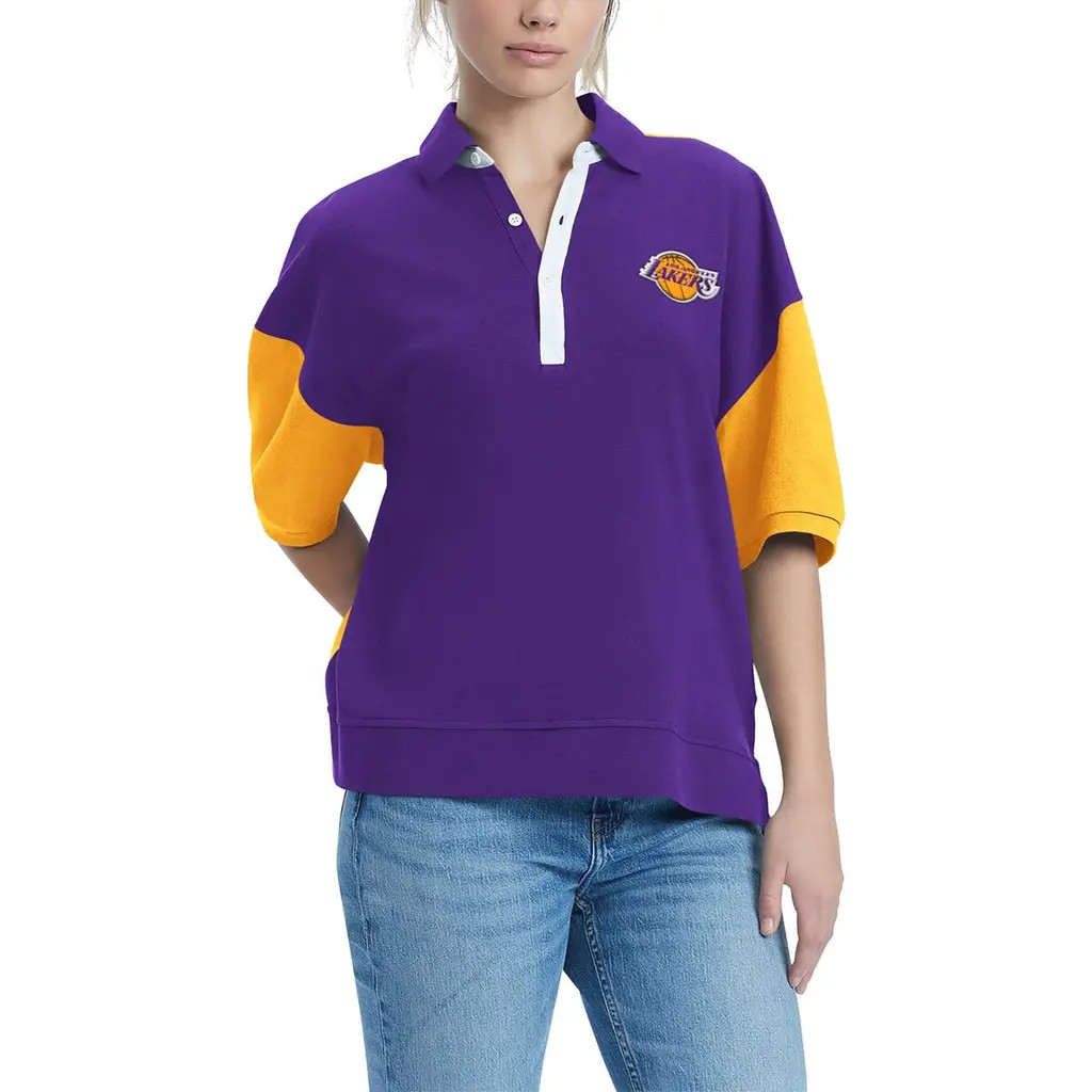 Women's Tommy Jeans Purple Los Angeles Lakers Taya Puff Sleeve Pique Polo Shirt at Nordstrom, Size Large | Nordstrom
