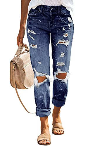 KUNMI Women's Ripped Mid Waisted Boyfriend Jeans Loose Fit Distressed Stretchy Denim Pants | Amazon (US)