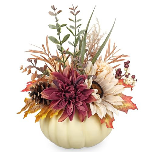 Arborus Artificial Pumpkin Fall Décor - Autumn Table Centerpieces with Beige Faux Flowers, Maple Leaves, Sunflowers, Pumpkin – Halloween, Thanksgiving & Harvest Home Decoration | Amazon (US)