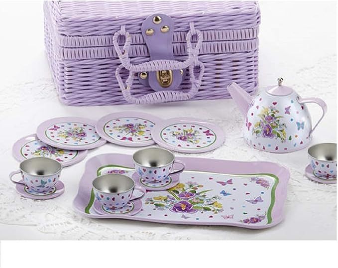 Delton Children's Tin Tea Set in Basket, 15 Pcs, Pansy | Amazon (US)