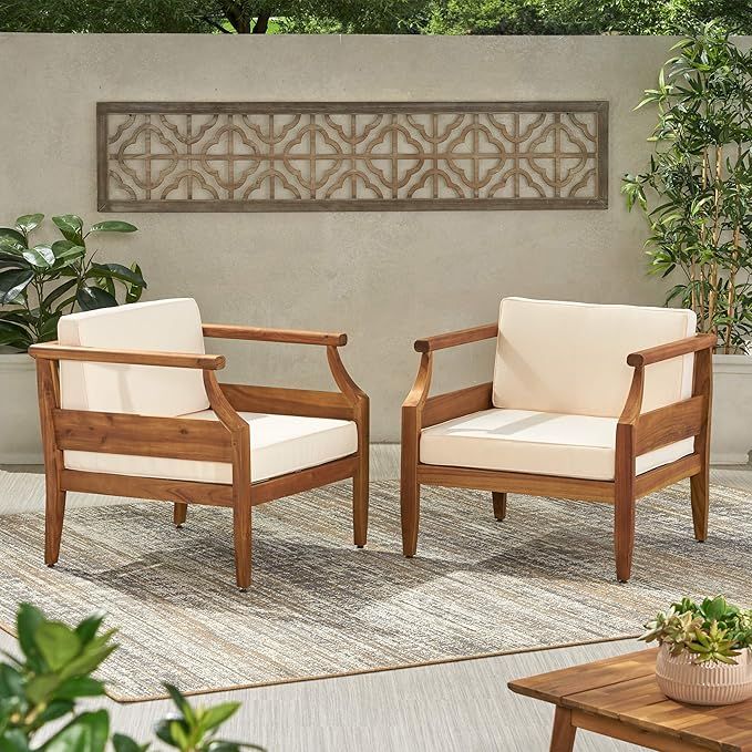 Christopher Knight Home Daisy Outdoor Club Chair with Cushion (Set of 2), Teak Finish, Cream | Amazon (US)