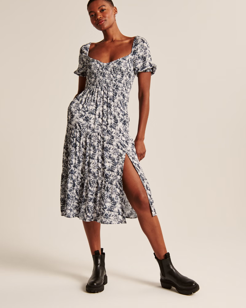 Short-Sleeve Smocked Midi Dress | Abercrombie & Fitch (US)