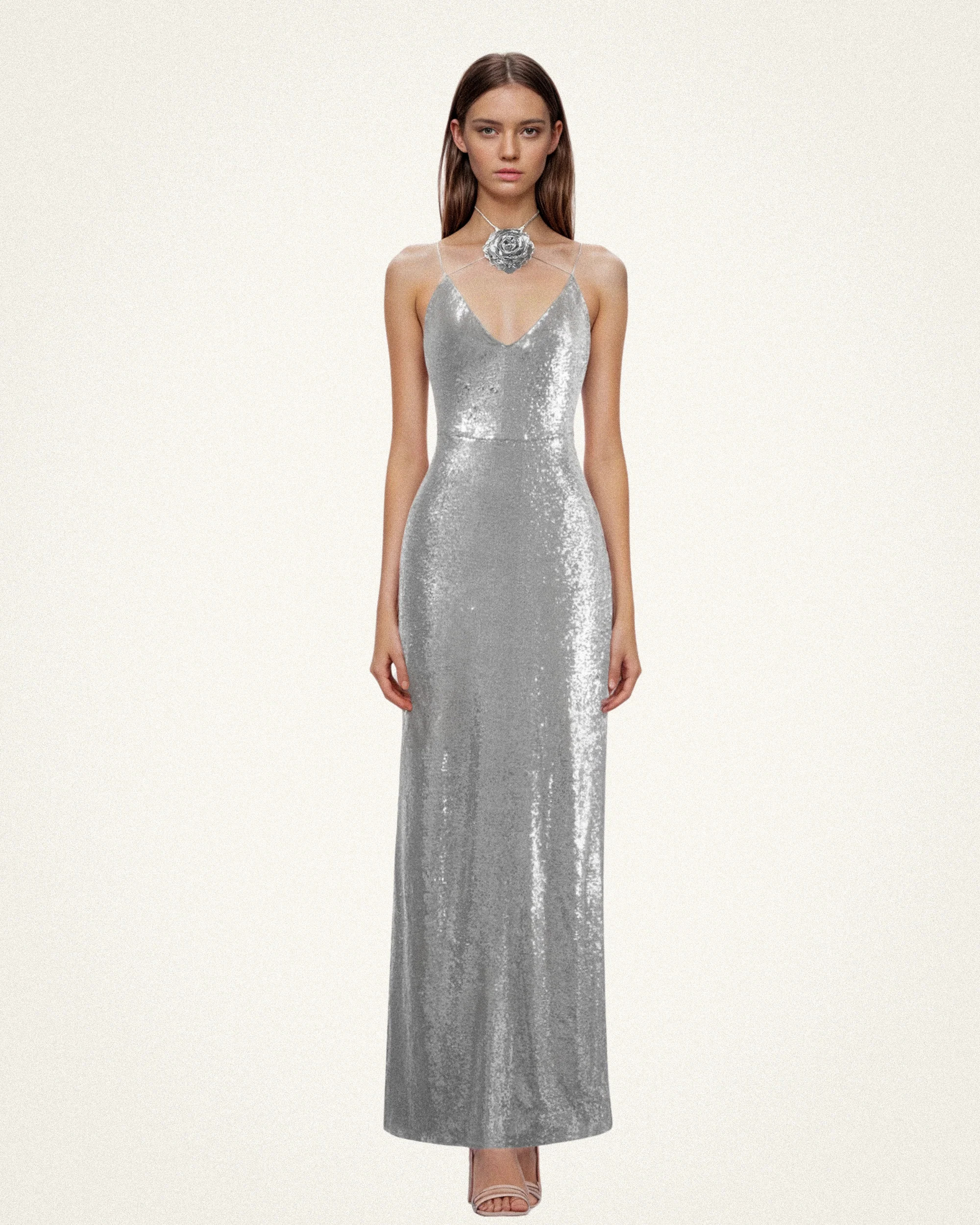 Heisey Silver Sequinned Rosette Maxi Dress - Silver | JW PEI US