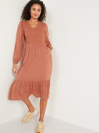 Long-Sleeve Fit & Flare Smocked Clip-Dot Midi Dress for Women | Old Navy (US)