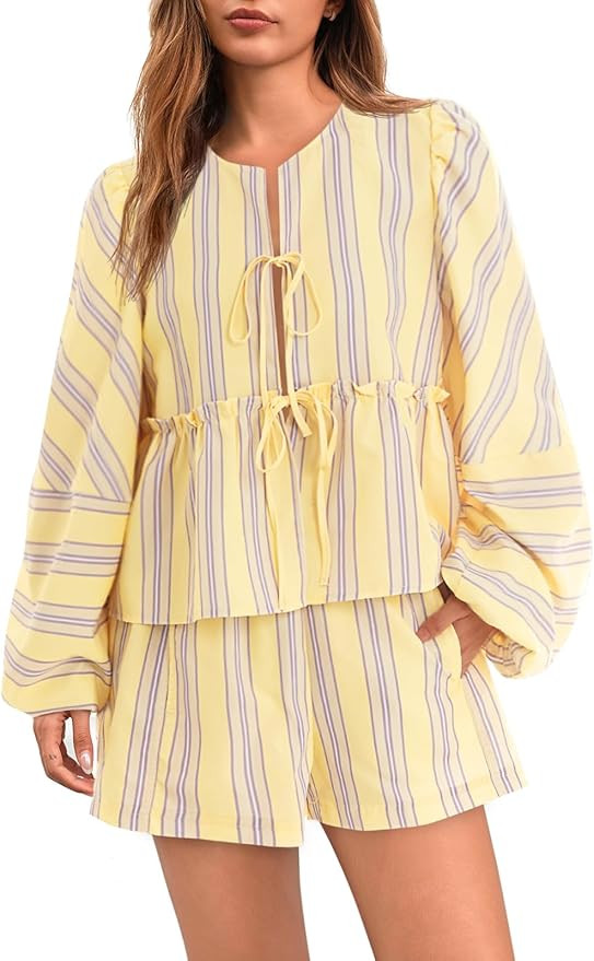 Tankaneo Womens 2 Piece Outfits Tie Front Peplum Tops Shorts Sets Striped Puff Long Sleeve Blouse... | Amazon (US)