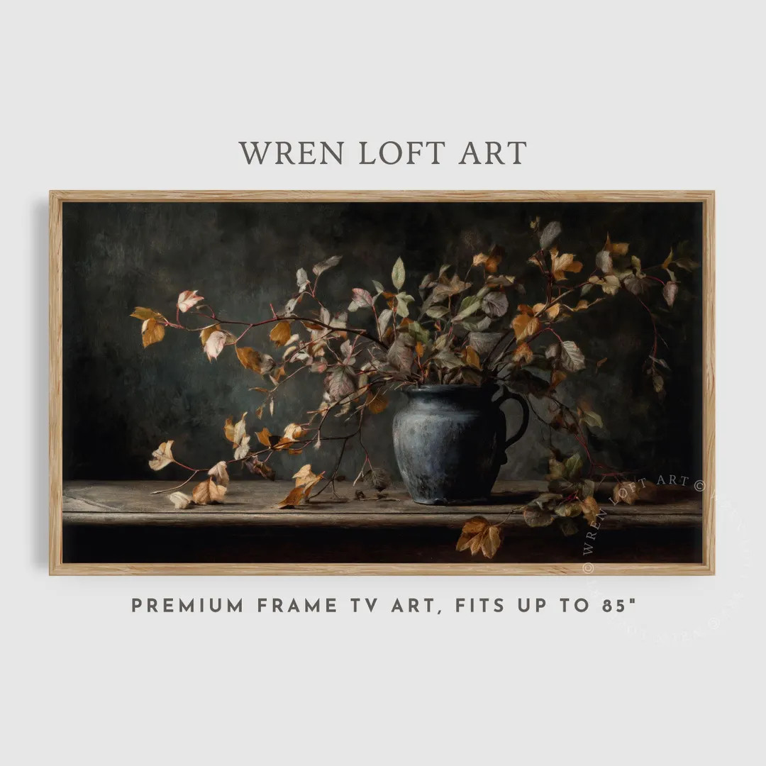 Moody Fall Frame Tv Art, Autumn Screensaver Fall Leaves Vase, Rustic Fall Decor, Canvas Vintage S... | Etsy (US)