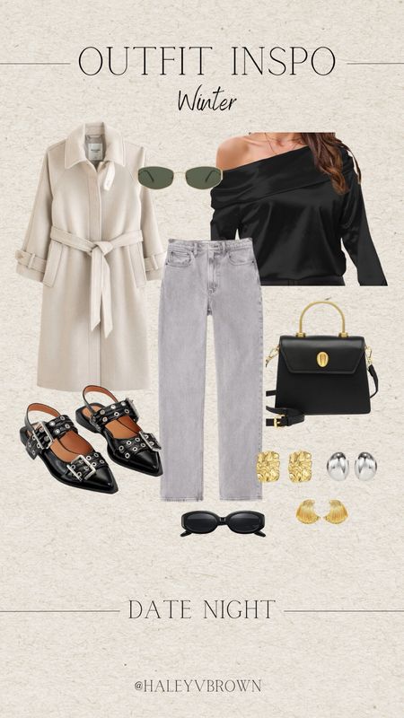 Fall Lunch Outfit, Black Oval Sunglasses, Black Loafers, Rectangle Sunglasses, Fall Outfit Inspo, Fall Transitional Outfit, Gold Chunky Earrings, Straight Leg Jeans, Abercrombie Jeans, Grey Jeans, Off shoulder top, Black elegant top, girl night outfit, Steve Madden sandals, black handbag, silk top, Amazon top, dinner outfit, date night outfit, blowout hairstyle, lipstick, closed toe sandals 
