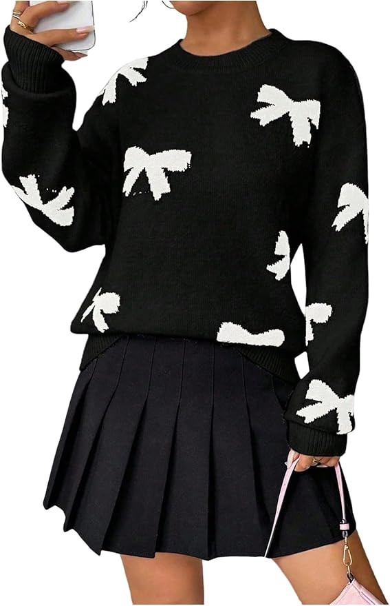 GORGLITTER Women's Bow Sweater Vintage Cute Cozy Knit Holiday Long Sleeve Crew Neck Pullover Fall... | Amazon (US)