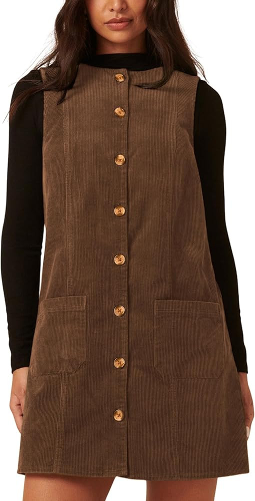 Athlisan Women's Corduroy Mini Dress A Line Pinafore Button Down Sleeveless Round Neck Overall Dr... | Amazon (US)