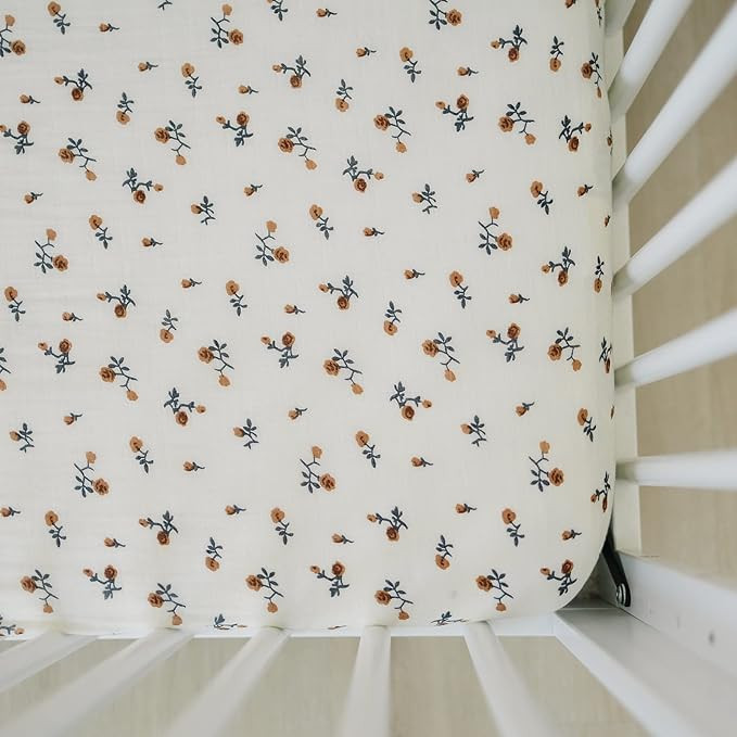 Cream Floral Muslin Crib Sheet by Mebie Baby, Soft and Breathable Bed Sheets for Babies, Modern N... | Amazon (US)