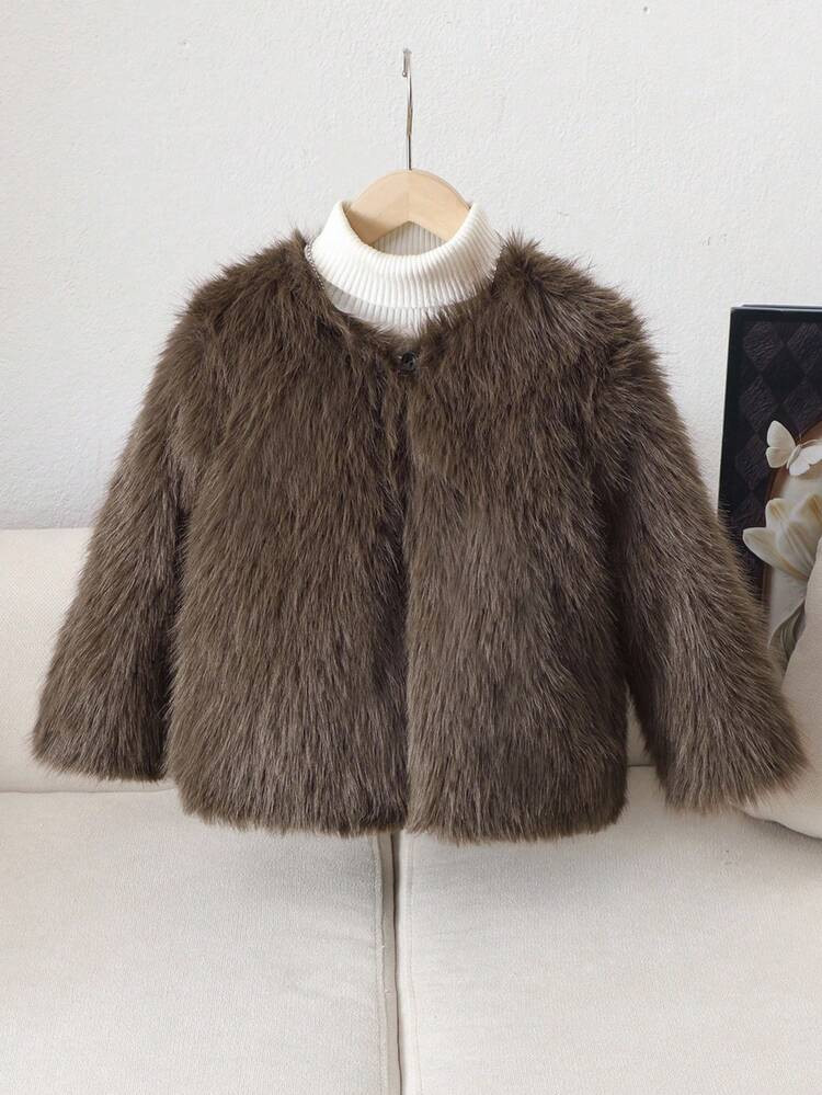 Young Girl Casual Fluffy Faux Fur Loose Coat, Sophisticated And Chic Urban Fall Winter | SHEIN