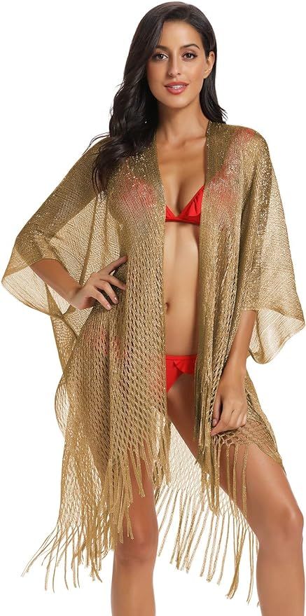 Metallic Sparkly Kimono Cardigan Swimsuit Beach Bikini Cover Ups Open Front Casual Blouse Tops | Amazon (US)