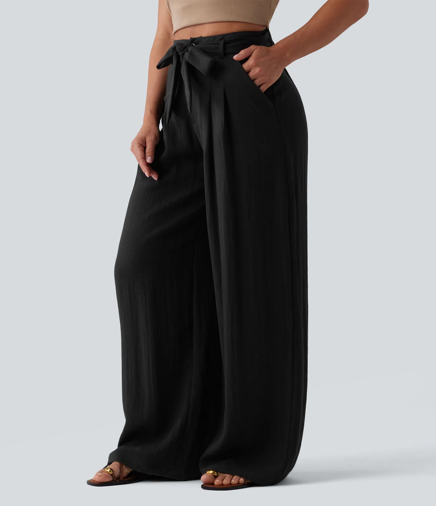 Women’s High Waisted Belted Linen-Feel Casual Baggy Pants with Pockets - Halara | HALARA