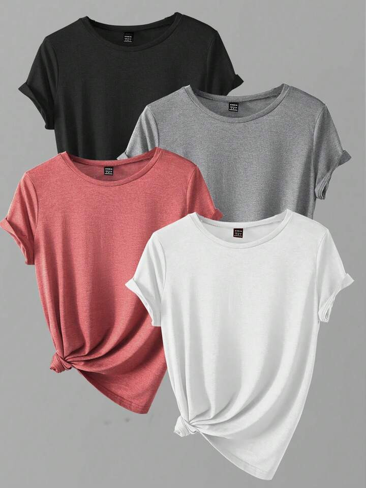 4pcs Women's Solid Color Short Sleeve T-Shirts | SHEIN