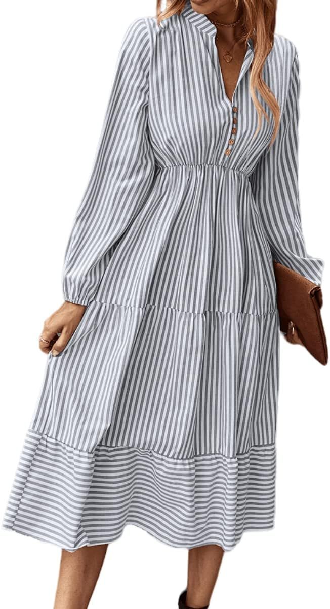 Women's Shirt Dresses Sleeveless V Neck Midi Dress Striped Pleated Ruffle Tunic Tops Casual Dress... | Amazon (US)