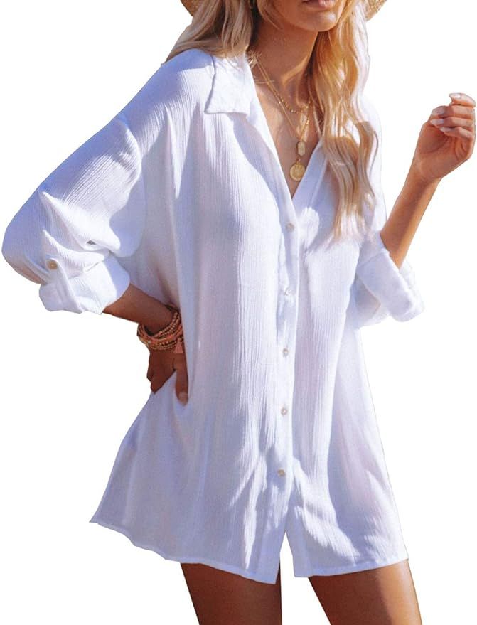 LYHNMW Women Beach Cover Up Roll-up Sleeve Button Down Shirts Bathing Suit Cover up Beachwear Swi... | Amazon (US)