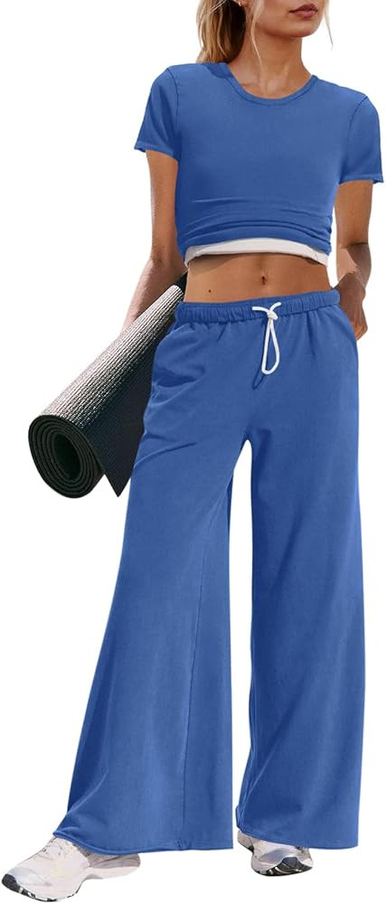 Panadila Womens 2 Piece Lounge Set Matching Workout Sets Summer Crop Tops Wide Leg Pants Going Ou... | Amazon (US)