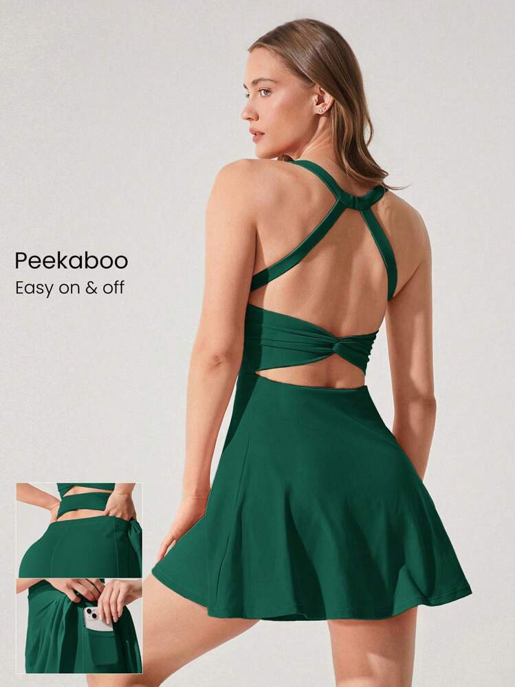 GLOWMODE FeatherFit™-Air Game Set A-Line Built-In Peekaboo Short Knotted Pocket Halter Dress Low Impact Daily  Quick Dry Moisture Wicking | SHEIN