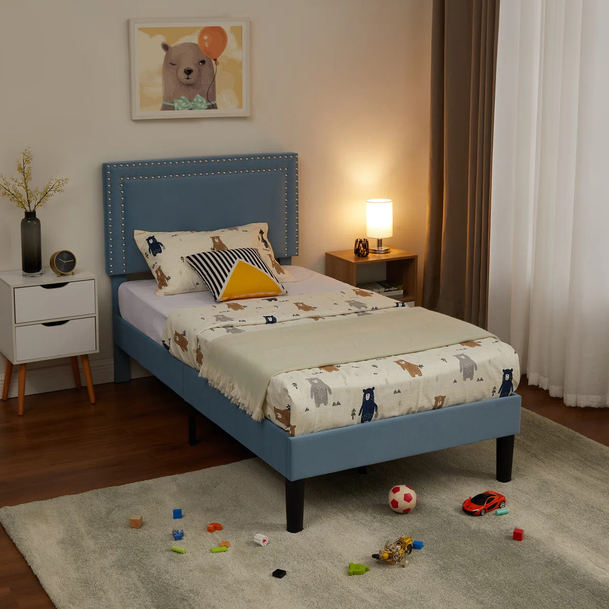 Twin Size Light Blue Velvet Upholstered Platform Bed with Adjustable Headboard, Modern Bed Frame ... | Wayfair North America