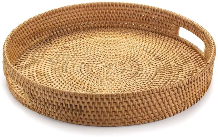 Rattan Round Serving Tray, Decorative Coffee Table Tray, Ottoman Hand Woven Serving Basket with H... | Amazon (US)