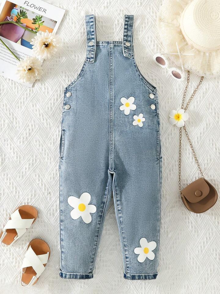 garota jovem Impressão Floral Overall Denim | SHEIN