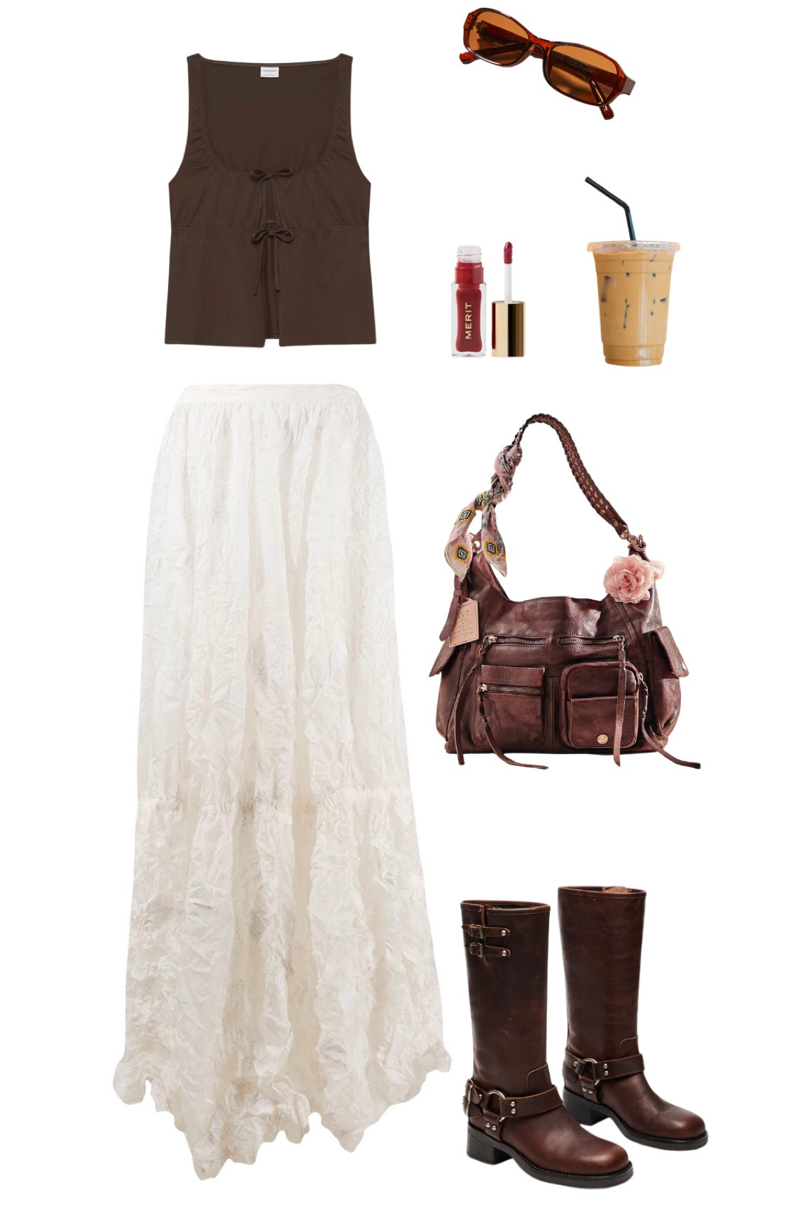 Bohemian rustic style, earthy tones, neutral color palette, western style outfit, music festival look, brown tie front blouse, vintage brown leather shoulder bag, white flowy maxi skirt, merit beauty, retro sunglasses, coffee date look, New York City style, fall inspo outfit, fall transitional look, brown leather moto boots outfit

#LTKSeasonal #LTKNYFW #LTKFindsUnder100