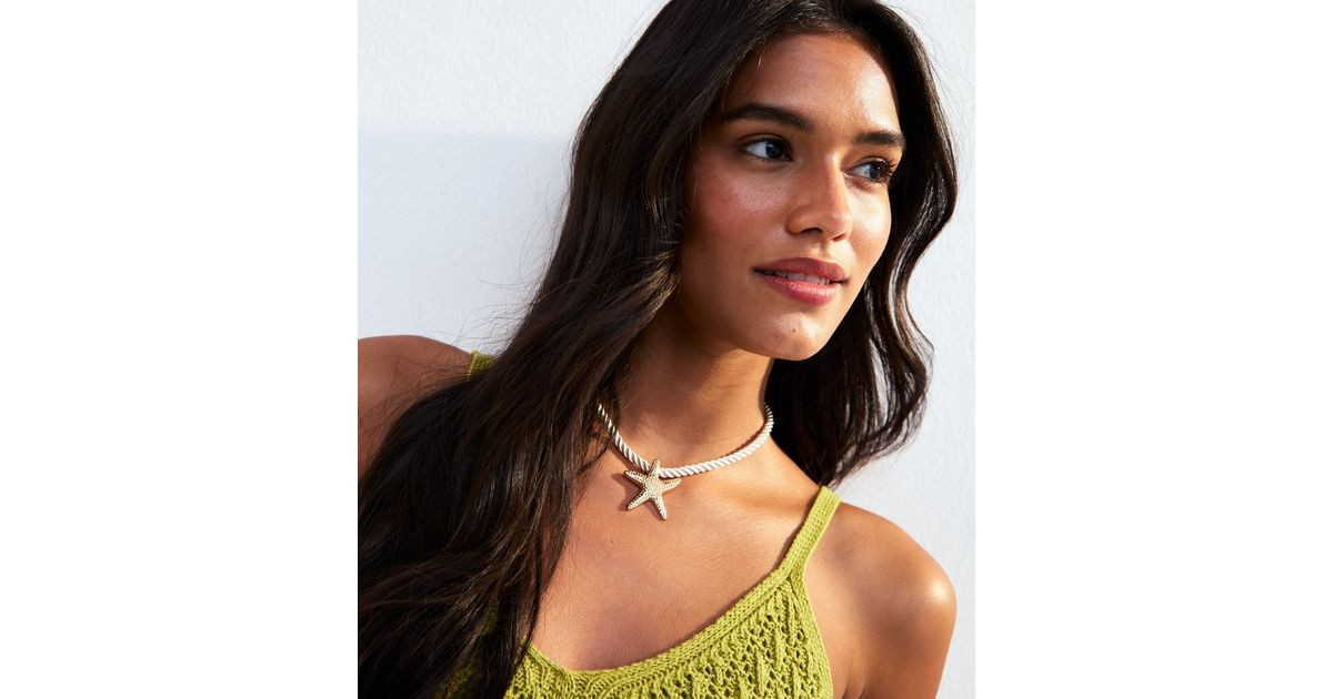 Gold Tone Starfish Charm Cream Rope Necklace | New Look | New Look (UK)