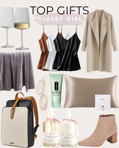 Gifts for the classy girl include silk pillow case, booties, Apothecary Milk + Oatmeal Soap & Lotion Set, Kendra Scott earrings, classy laptop backpack, Clinique exfoliating scrub, silk camisole tanks, cozy blanket, and wine glasses.

Classy girl gifts, gifts for her, gifts for the classy girl, gift guide, elegant gifts

#LTKGiftGuide #LTKunder100 #LTKitbag