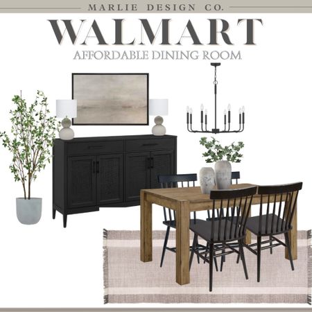 Walmart Affordable Dining Room | farmhouse dining table | black Windsor chairs | black chandelier | sideboard | faux tree | planter | dining room decor | neutral rug | vase | faux stem | table lamp | walmart finds | apartment dining area | small space dining room | breakfast table | kitchen table 

#LTKunder100 #LTKunder50 #LTKhome