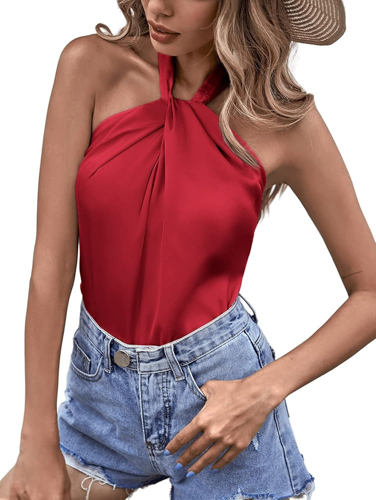 Verdusa Women's Sleeveless Satin Tank Top Backless Tie Back Solid Halter Blouse | Amazon (US)