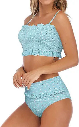 MOSHENGQI Women's Bandeau Ruffled Bikini Set Off Shoulder Smocked Swimsuit Bathing Suit | Amazon (US)