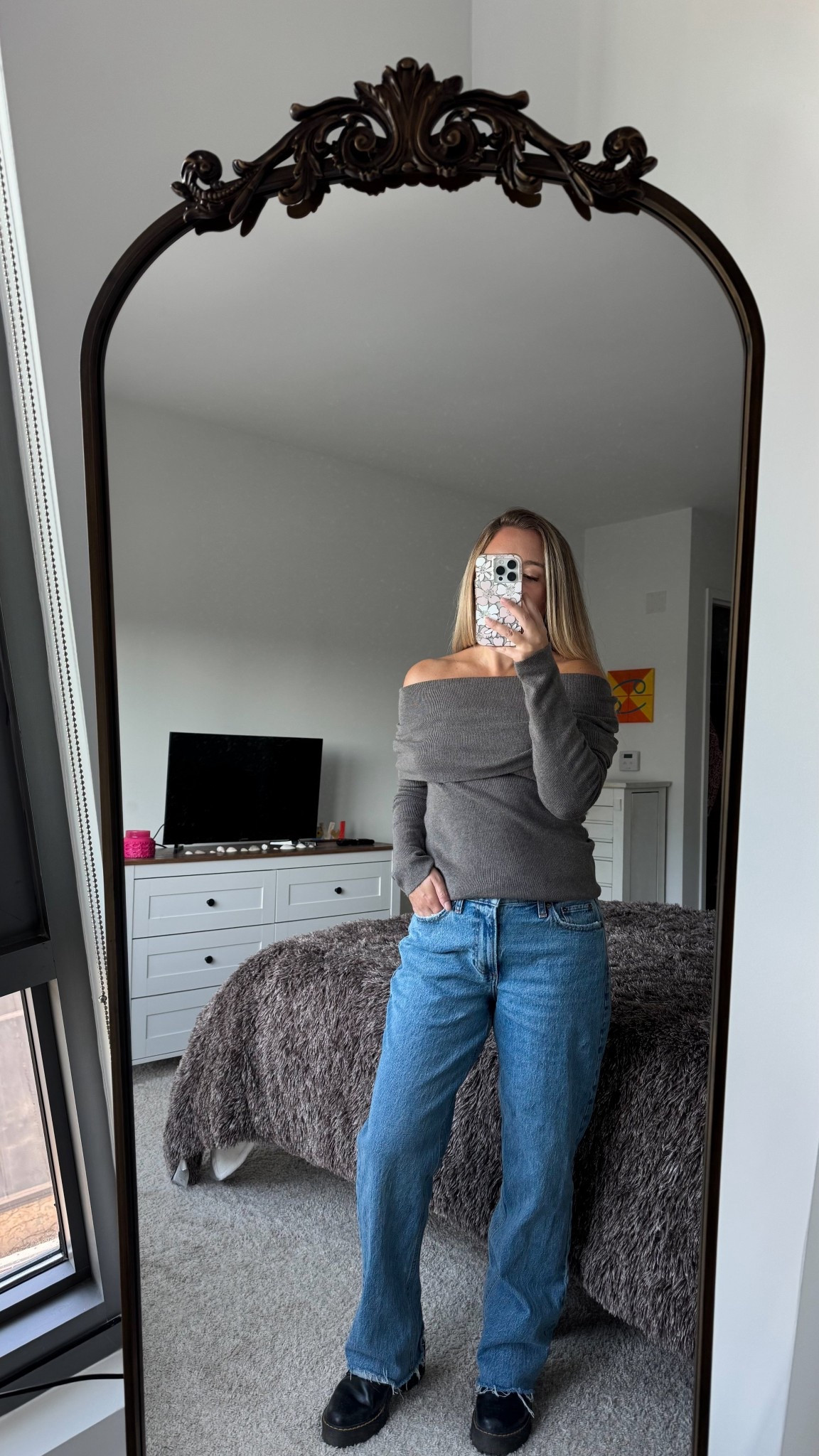 Off-the-shoulder sweater and low-rise baggy jeans for a casual fall outing. The top is from Zara, but I linked a similar one. (Top is a small and jeans are a 25. With these specific jeans, size down!)

#LTKSeasonal #LTKFallSale #LTKPetite