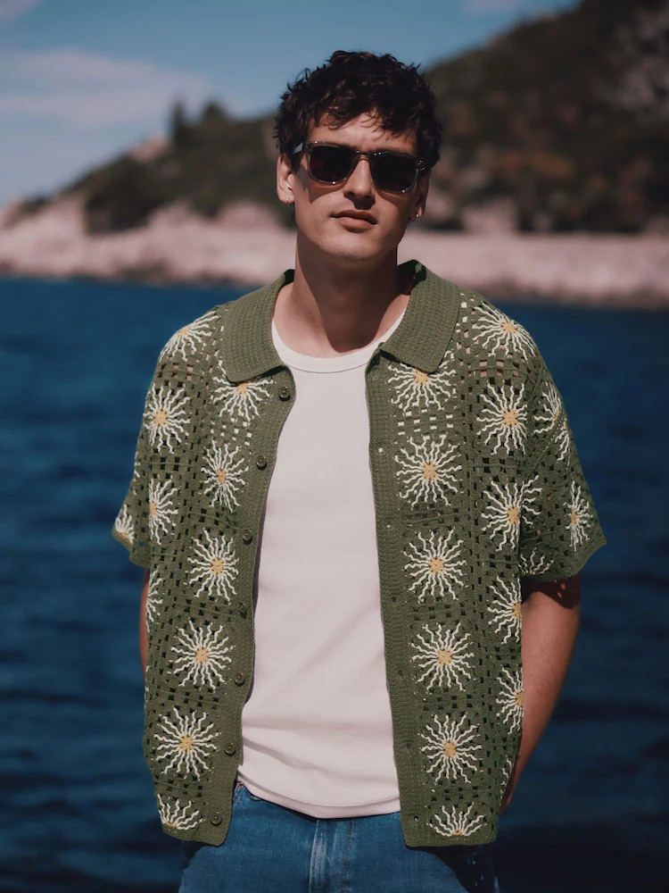 Dark Green Floral Tile Crochet Knitted Shirt | Next US