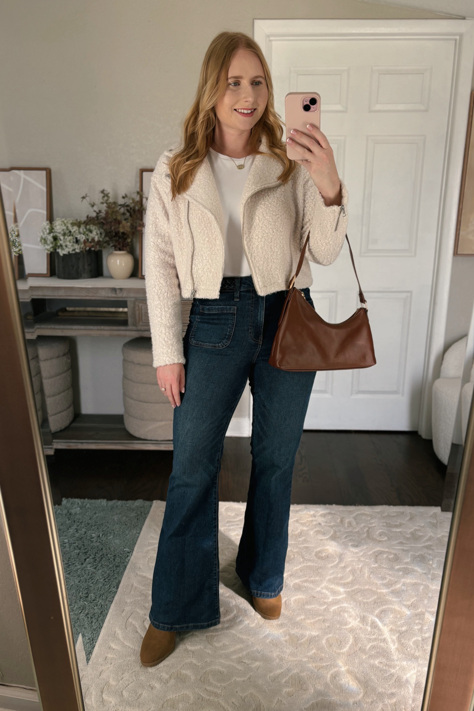 No Boundaries Asymmetric Zip Faux Shearling Moto Jacket - size Medium (8-10), flare jeans: size 30/10 - Walmart fashion, Walmart fall outfit idea 

#LTKSeasonal #LTKFindsUnder50 #LTKMidsize