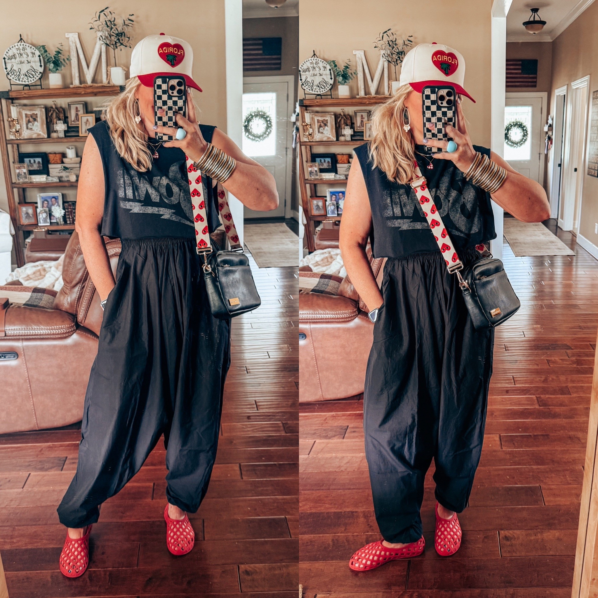 This harem jumpsuit is so fun and comes in lots of colors. I love this graphic tank,  it’s perfect layered over this jumpsuit. These both styled so cute together with my hat, shoes, and purse strap/bag. 
Jumpsuit - one size fits most 
Tank - L
Jelly shoes - true to size 
Bag/purse strap - save with code MANDIE

#LTKOver40 #LTKStyleTip #LTKFindsUnder50
