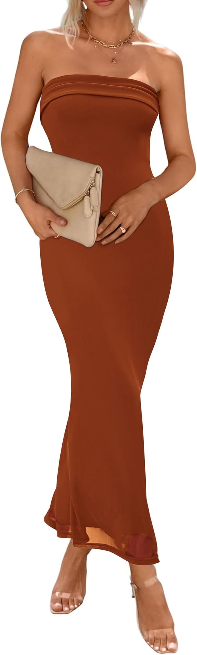 KIRUNDO Cocktail Dresses for Women 2024 Summer Tube Bodycon Maxi Dress Sexy Mesh Evening Wedding ... | Amazon (US)