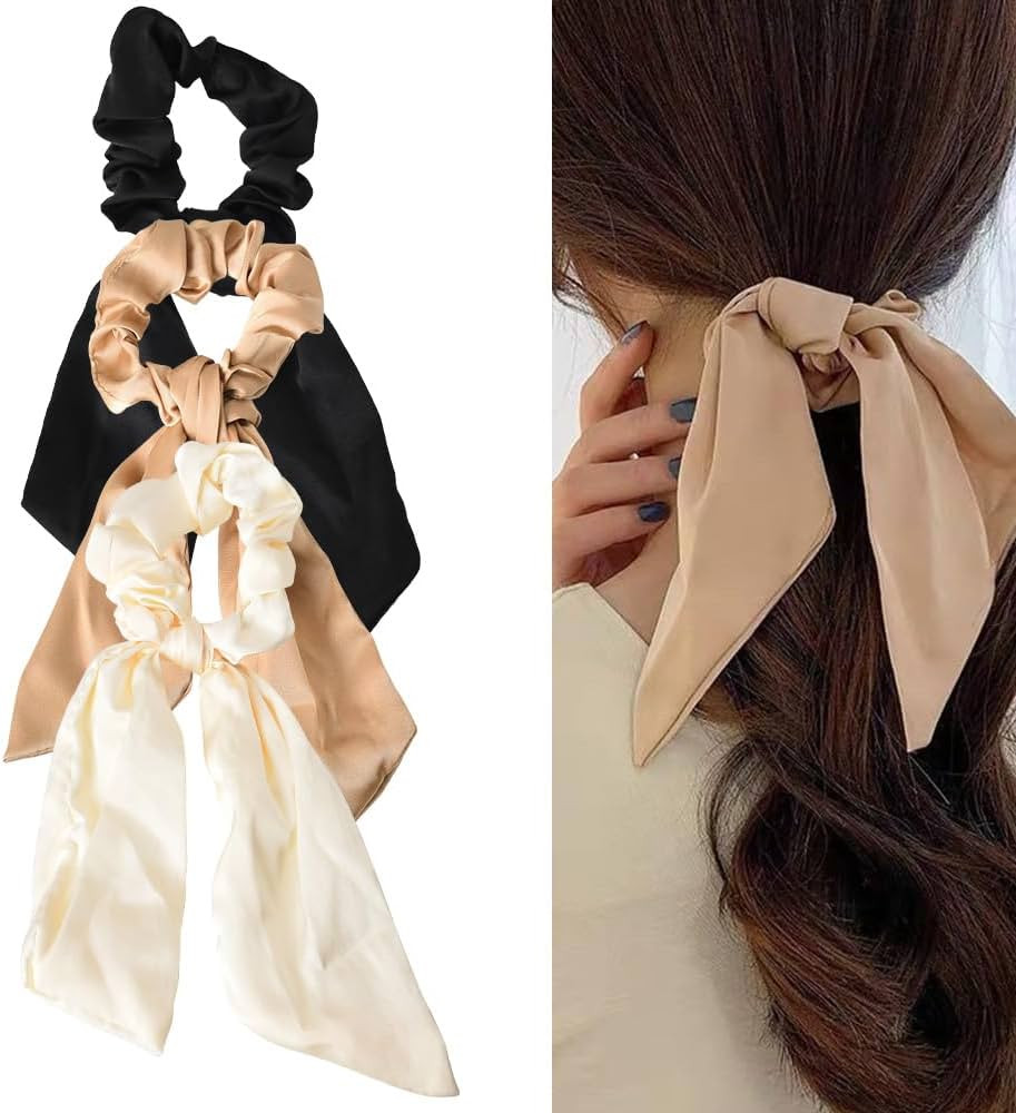 Hair Scarf Scrunchies for Women Silky Satin Black White Bow Hair Tie with Ribbon Tails Elastic Ha... | Amazon (CA)