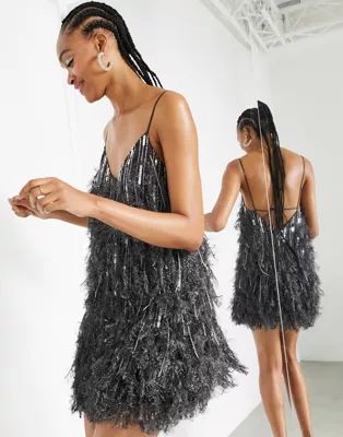 ASOS EDITION feather & sequin mini dress with low back in charcoal | ASOS (Global)